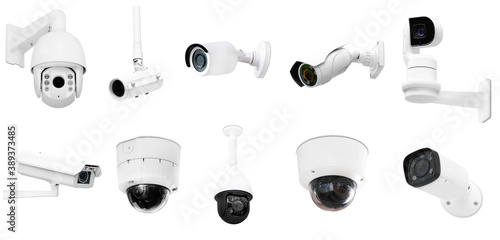 Set of modern public CCTV camera on wall isolated on white background. Intelligent reccording cameras for monitoring all day and night. Concept of surveillance and monitoring.
