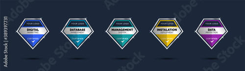 Certified of company training badge certificates to determine based on criteria. Set diamond corporate logo badge shiny colorful template.