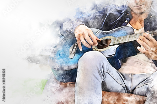 Abstract beautiful man guitarist playing acoustic guitar in the foreground on Watercolor painting background and Digital illustration brush to art.