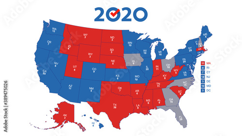 The Electoral College. Usa map Voting. Election map each state american electoral votes showing the number of electors. Republicans and democrats on the map. Political vector infographic. 