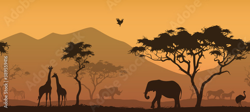 horizontal seamless background with africa nature. All animals and trees are isolated - you can clean and move them. vector illustration