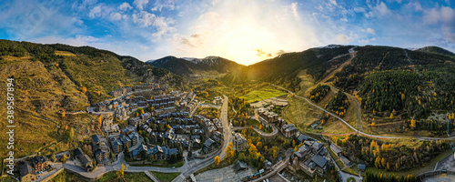 Aerial view of village of El Tarter in Andorra, located in the parish of Canillo