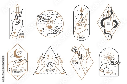 Occult line emblems. Outline women hands with mystical magic elements in minimalistic trendy style, witchcraft golden symbols and mysterious objects, elegant vector isolated collection
