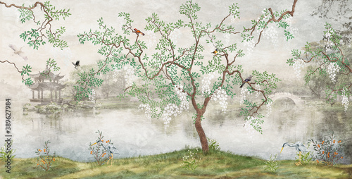 Tree by the lake. Misty landscape. Tree with birds in the Japanese garden. the mural, Wallpaper for interior printing