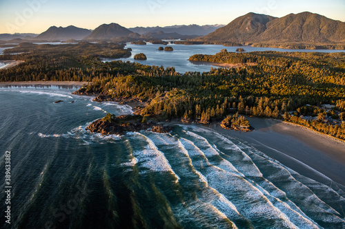 Landscape of Tofino covered in greenery surrounded by the sea in the Vancouver Islands, Canada