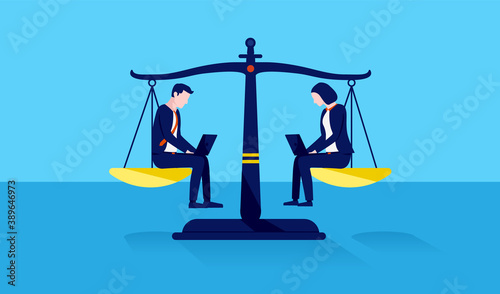 Gender equality in the workplace - Businessman and woman on scale with equal weight between the genders. Vector illustration.