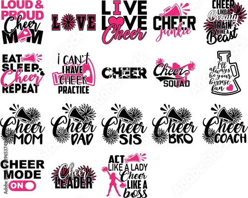 Set of Cheer quotes. Cheeleader silhouette. Pompoms vector