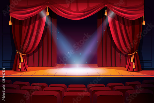Rows of theater seats, classic stages with curtains and spotlights. Vector festive scene with lights and screen. Concert, dance event show, performance or music festival, illumination and decorations