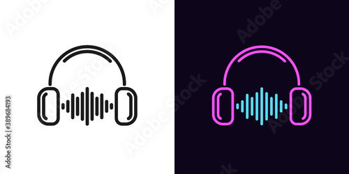 Outline music wave icon with editable stroke. Linear headphones with sound wave, DJ soundtrack