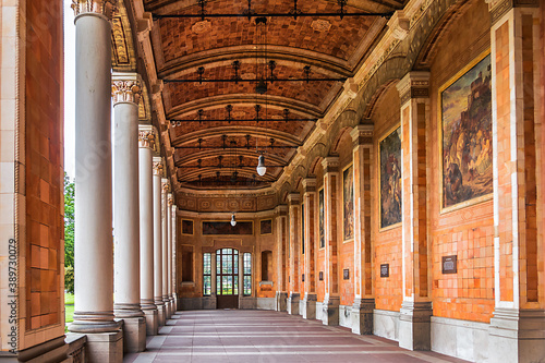 View of Trinkhalle building (pump house, 1839 - 1842) in the Baden-Baden Kurhaus spa complex. 16 Corinthian columns support the 90-meter long, open-plan lobby with 14 murals. Baden-Baden, Germany.