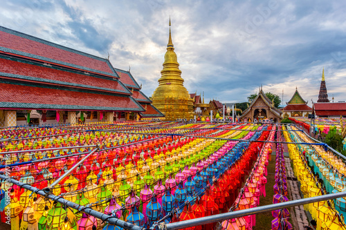Colorful Lamp Festival and Lantern in Loi Krathong at Wat Phra That Hariphunchai, Lamphun Province, Thailand