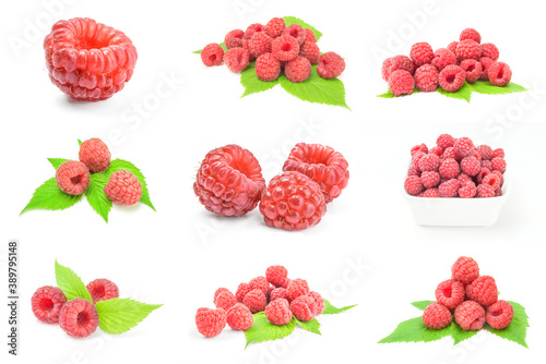 Set of raspberries with leaves isolated on a white background with clipping path