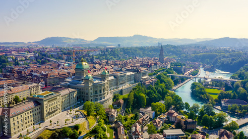 Bern, Switzerland. Federal Palace - Bundeshaus, Historic city center, general view, Aerial View