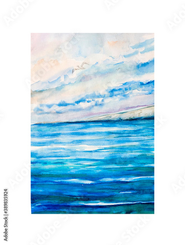 Aquarelle painting of sea side. Art illustration.