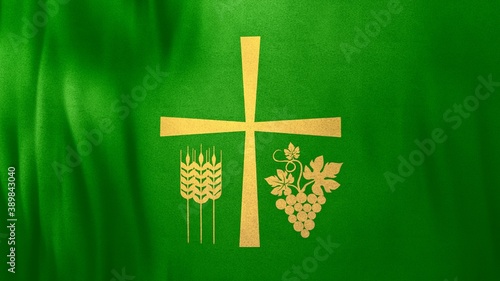 Holy Cross with Thanksgiving Symbols on Green Cloth. Wide 3D illustration conceptual shot of Christian liturgical background for online live video sermons and confessional religious content.