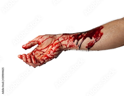 Bloody hand isolated on white background.