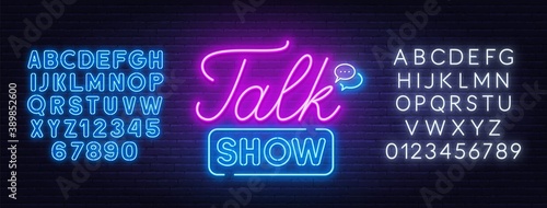 Talk show neon sign on brick wall background. White and blue neon alphabets. Vector illustration.