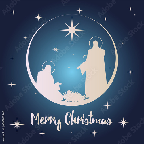 happy merry christmas lettering with holy family silhouette scene