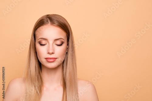 Close up photo of positive satisfied millennial close eye glad peaceful calm wait cosmetologist care treatment medical lips lipstick want be gorgeous isolated on pastel background