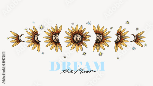 Flower with moon and Dream the moon slogan