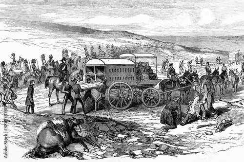 Siege of Sebastopol. Crimean war. Ambulances. 1854. Antique illustration. 1867.