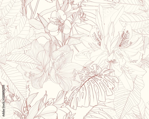 Exotic beige brown line tropical leaves and flowers on beige background. Floral seamless pattern. Tropical illustration. Summer beach design. Paradise nature. 