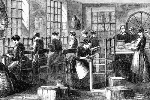Manufacturing lint for the army in the Crimea. 1855. Antique illustration. 1867.