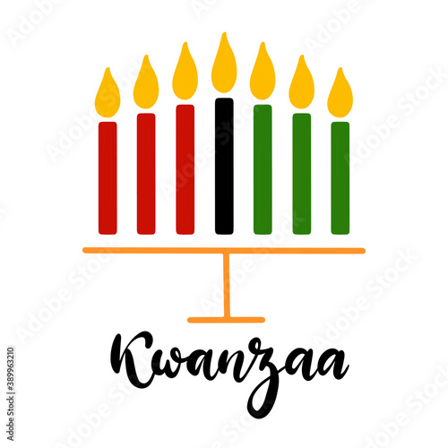 Happy Kwanzaa handwritten text for traditional african american ethnic holiday vector illustration. Concept design for greeting card with kinara and burning black, red, green colored candles.