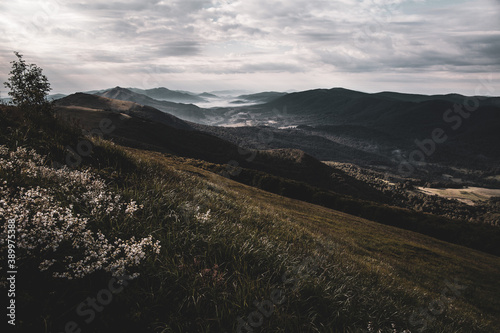 Poranne mgły w górskich dolinach, Bieszczady, Polska