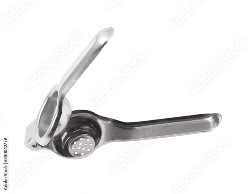 stainless lemon squeezer on white background