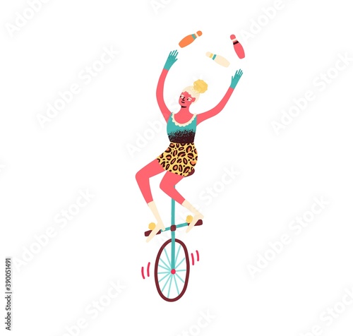 Female circus artist juggle bowling pins balancing on unicycle. Portrait of women cirque performer riding monocycle. Flat vector cartoon textured illustration isolated on white