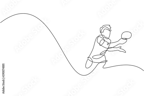 One single line drawing of young energetic man table tennis player hold the ball rival vector illustration. Sport training concept. Modern continuous line draw design for ping pong tournament banner
