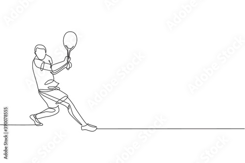 One continuous line drawing young happy tennis player defense and hit the ball. Competitive sport concept. Dynamic single line draw design vector illustration graphic for tournament promotion poster