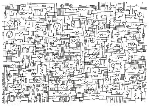 Background illustration with wires, resistors and transistors. Electrical circuit diagram pattern. Hand drawn illustration with schematic illustration of complex wiring