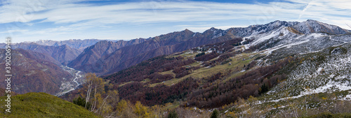 Sesia valley, panoramic view of Scopello Alpe di Mera in autumn. Piedmont, Italy.