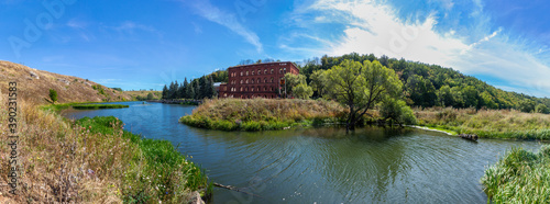 Panoramic view of the landscape around the abandoned mill on the Bank of the Vorgol river in the former estate of merchant Taldykin near the city of Yelets, Lipetsk region, Russia