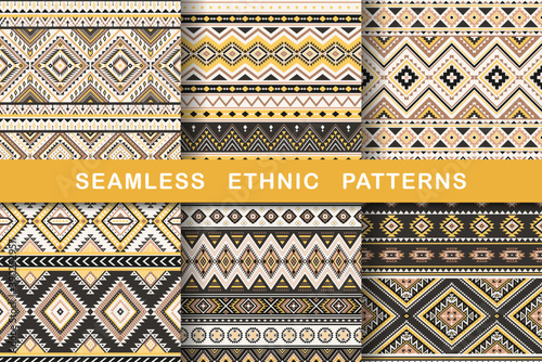Ethnic seamless patterns. Set of aztec geometric backgrounds. Collection of stylish navajo fabric. Tribal modern abstract vector illustration.