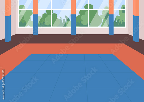 Martial arts dojo flat color vector illustration. Karate school class. Place for sport exercise. Empty space for kung fu training. Gym room 2D cartoon interior with window on background