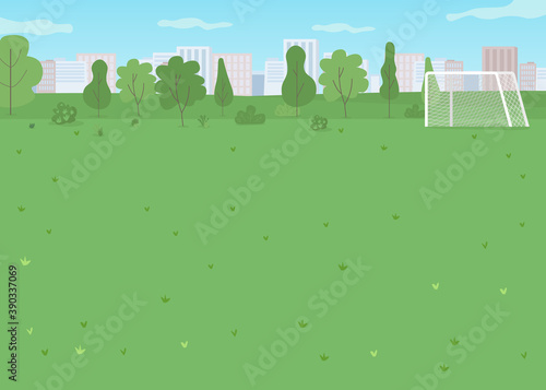Urban park flat color vector illustration. Football goal. Field for soccer game. Spring season. Place for outdoor sport activity. City environment 2D cartoon landscape with skyline on background