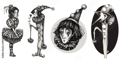 Monochrome graphic hand drawn set with characters of Pierrot and Colombina (Pierrette) isolated on white background