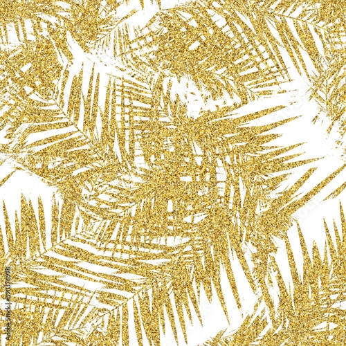Gold glitter and white tropical seamless pattern. High quality illustration. Digital glitter texture in the shape of tropical palm tree leaves overlayed on a white background. Seamless design.