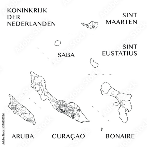 Administrative Map of the Caribbean Netherlands Aruba, Curaçao, Sint Maarten and the Special Municipalities of Bonaire, Sint Eustatius and Saba and subdivisions. Vector illustration.