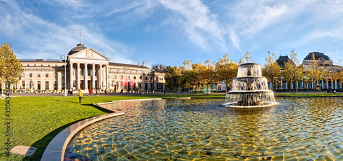 Kurhaus Wiesbaden (Health Spa) and park in autumn with fountain and panoramic view