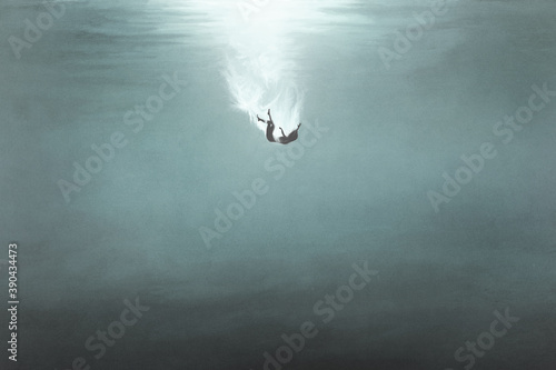 illustration of woman falling underwater, surreal concept