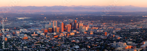 Sunrise on Denver Panorama. This is a 6 image stitched Panorama of the downtown Denver Colorado area at sunrise.