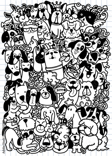 Hand draw,doodle dogs group, Different species of dogs , Vector Illustration