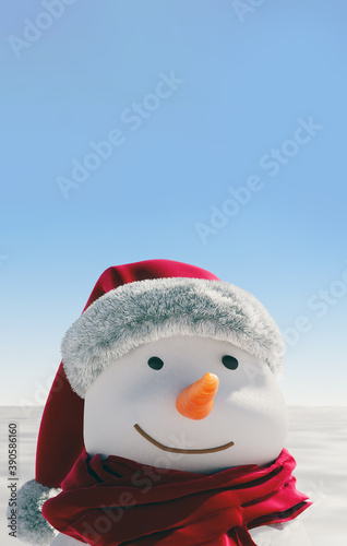 Christmas and winter holidays greeting card template with big close-up snowman and copy space above, 3d rendering, 3d illustration