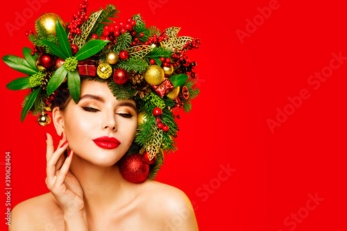 Christmas Woman Makeup Portrait, Wreath Hairstyle. Xmas Fashion Model Make up with Closed Eyes, New Year Beauty Girl on Red