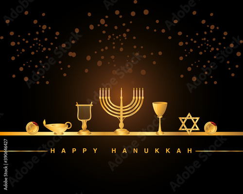 hanukkah, golden menorah harp star cup lamp and coins glittler dark background flat icon