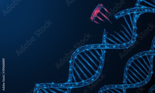 Gene mutation, damage to a part of a cell's DNA. Polygonal construction of lines and points. Blue background.